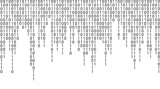 Binary code falling background, digital data stream vector, black and white matrix pattern for cybersecurity and programming concept