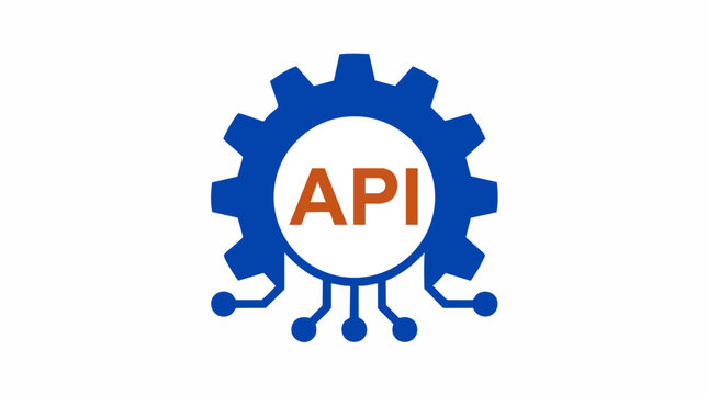 API technology icon with blue gear and circuit board lines, application programming interface vector, software development and integration symbol