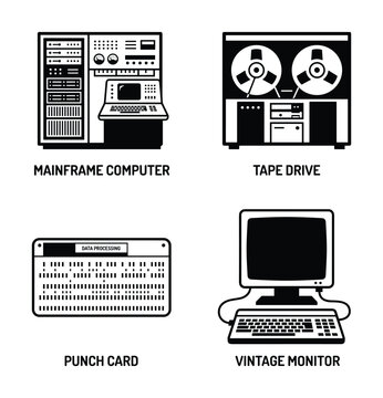 Icon set of classic computer technology in black and white, depicting mainframe, tape drive
