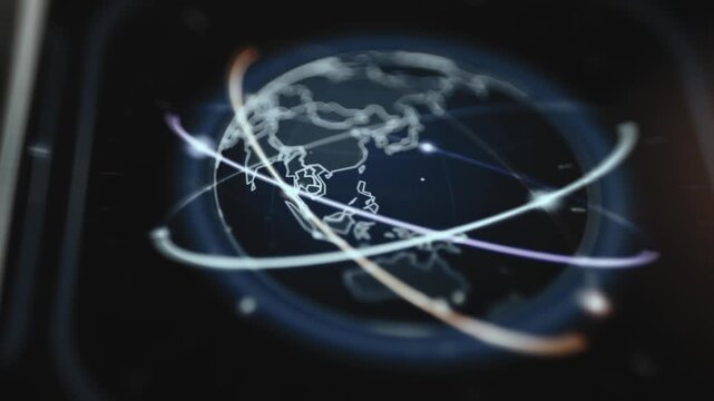 Glowing orbital paths around a wireframe Earth on tracking dashboard
