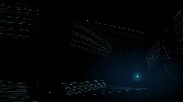 Glowing light rays and particles flowing through deep dark space.