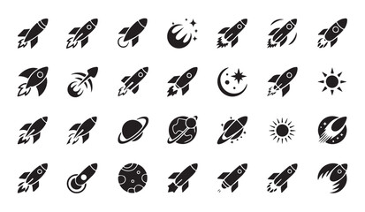 Large collection of flat vector space symbols featuring various rockets stars and planets. © Tamanna