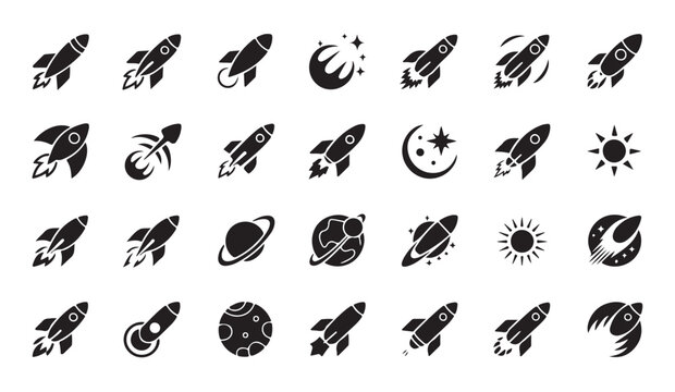 Large collection of flat vector space symbols featuring various rockets stars and planets.