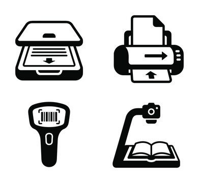 Minimalist icon set of document scanners and printer, solid black glyphs for office, business