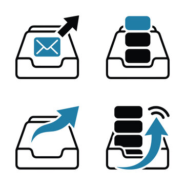 Minimalist inbox outbox icon set, blue and black line art for email communication, data upload, file transfer
