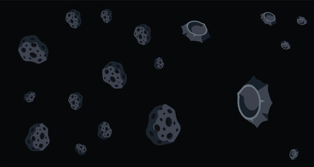 floating dark asteroids with impact craters in space with black background © Fendik eps