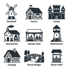 Fototapeta premium Medieval building and village structure icon set including castle windmill and cottage