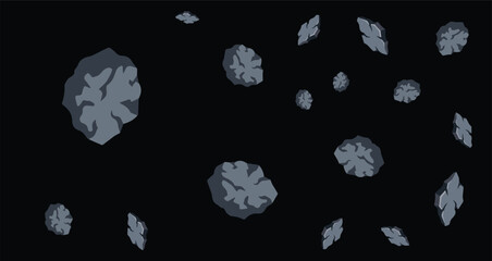 dark space scene with scattered irregular gray asteroids floating on black background © Fendik eps