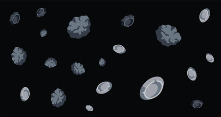 dark gray asteroids with round and irregular shapes floating in space with black background © Fendik eps