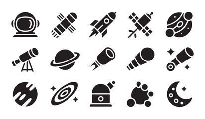 Space icon set, black astronaut helmet, satellites, planets, telescopes, and moon. © Tamanna