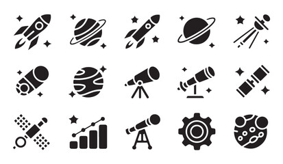 Space exploration icons set rocket planet telescope satellite and star vector illustration. © Tamanna