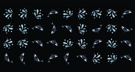 pattern of black and white killer whales and blue water splash shapes on dark background © Fendik eps
