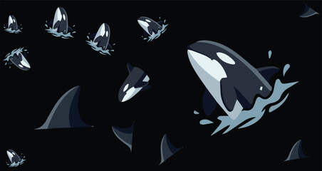 group of orca whales jumping and swimming in dark water with splashes and fins visible © Fendik eps
