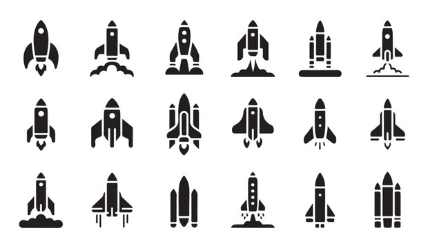 Rocket launch and space exploration icon pack with various takeoff stages and flying ships.