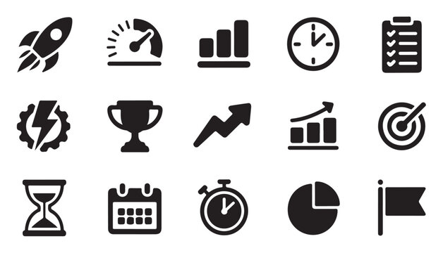 Business growth strategy icons set featuring various charts and productivity tool symbols.