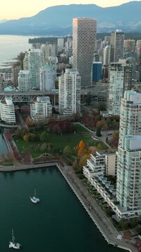 Aerial view of the skyscrapers in Downtown of Vancouver and English Bay, Canada
