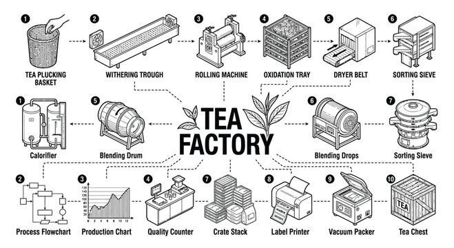 Technical sketch illustration of a tea factory production line process featuring icons for harvesting, rolling machines, oxidation trays, dryers, and professional packaging equipment.