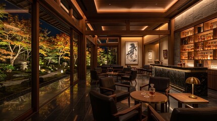 Fototapeta premium Luxury Japanese hotel bar lounge at night overlooking illuminated autumn garden