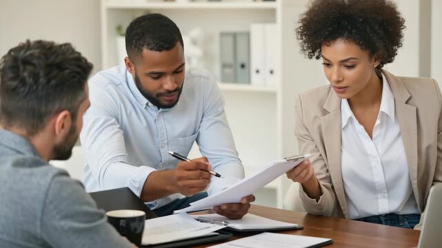 Three diverse professionals brainstorming and discussing documents during a collaborative business meeting in a modern office environment. Teamwork and cooperation concept.