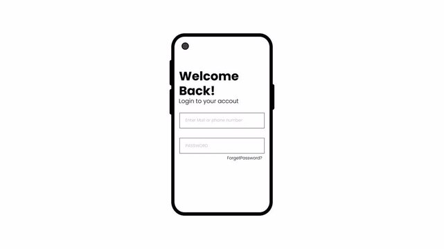 Mobile app login screen animation with password entry and welcome back interface on a transparent background, Mobile app login and password authentication animation with alpha channel
