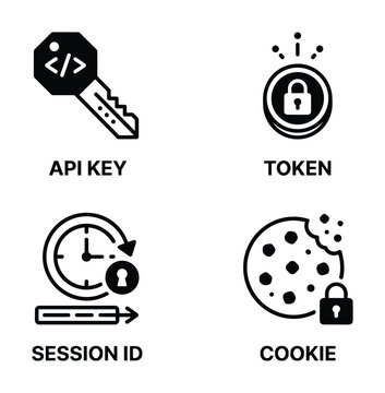 Web security vector icon set, black line art for API authentication, user data management