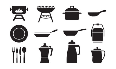 Obraz premium Assorted black silhouette of kitchenware and camping cooking equipment including grills, pots, pans, a plate, cutlery, a coffee maker, and a thermos, isolated on a white background