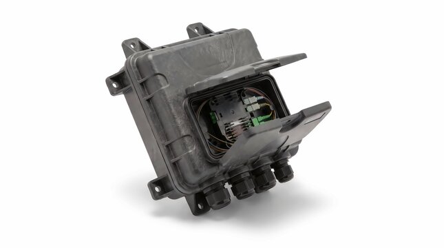 Fiber optic distribution box. Telecom network junction terminal for internet connectivity.