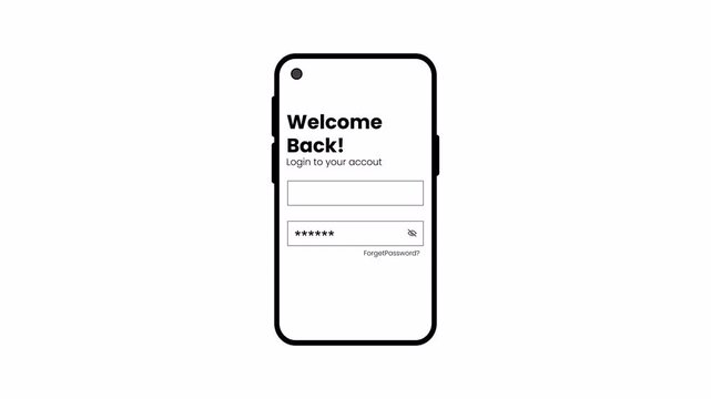 Mobile app login screen animation with password entry and welcome back interface on a transparent background, Mobile app login and password authentication animation with alpha channel
