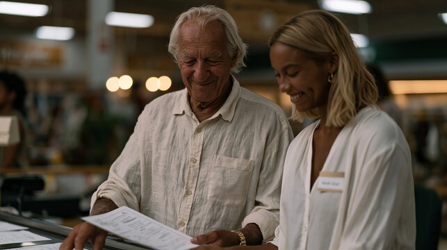 Cashier at a supermarket checkout in a deserted store after closing, an elderly adopting couple and a younger caseworker reviewing adoption court finalization documents on the