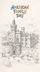 Fototapeta premium A vintage pencil sketch illustration of an old stone castle featuring a clock tower and gatehouse, with the colorful text 'American Family Day' displayed above the architectural landmark.