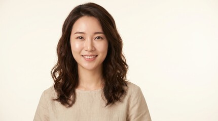 Obraz premium Young beautiful asian woman with wavy brown hair smiling at the camera in a friendly and happy mood with natural glowing skin and casual clothes