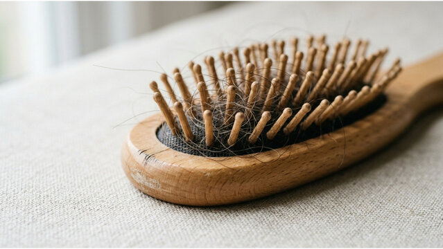 Close-up of a wooden hairbrush with fallen hair, illustrating the common issue of hair loss and excessive hair shedding. The natural lighting and shallow depth of field emphasize strands trapped in th