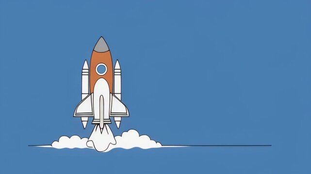 Space shuttle launching with smoke trail against blue sky in animated motion