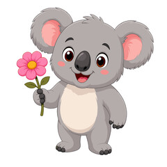 Naklejka premium Cute cartoon koala holding a pink flower on white background