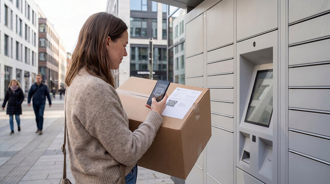 Woman collecting package from automated parcel locker