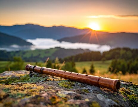 Wooden flute rests on mossy rock at sunrise over misty mountains
