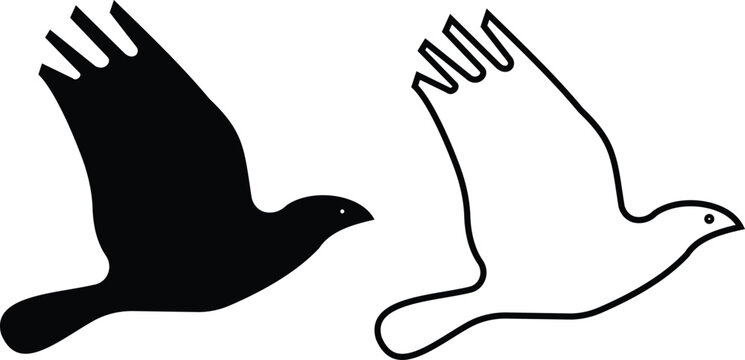 Flying bird icon dove pigeon silhouette outline vector pack, wing spread flight animal symbol, flat and line style black icons isolated on transparent background