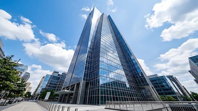Time lapse of wispy white clouds drifting across the sky and reflecting on modern glass skyscraper windows