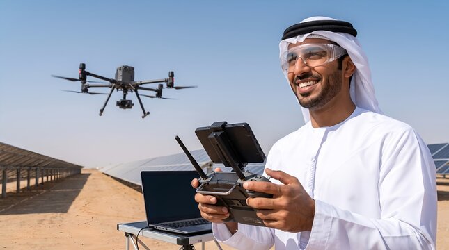 Smiling Middle Eastern Man Using Professional Drone Technology at a Sustainable Solar Energy Power Plant