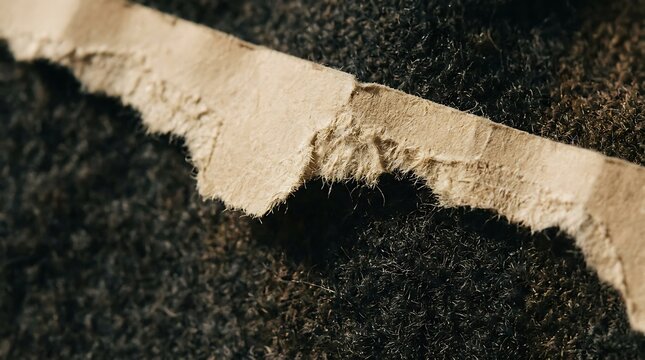Torn beige paper strip against dark fuzzy textured background close up macro shot.