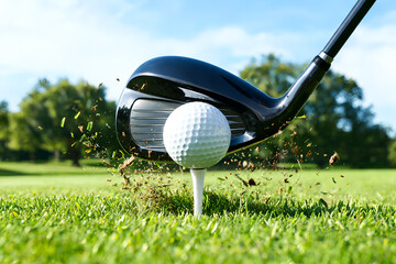 Fototapeta premium Action shot of golf driver club hitting ball on tee Grass and dirt flying Close up view sports moment outdoor