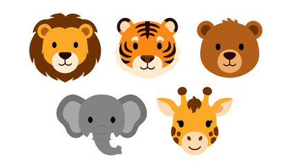 Fototapeta premium Cute animal face vector set with lion tiger bear and giraffe