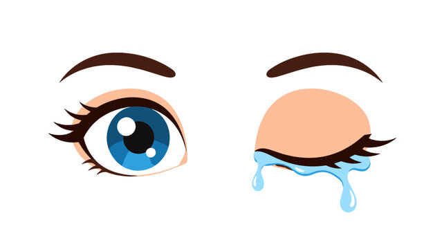 Cartoon eyes set with blue iris and crying closed eyelid