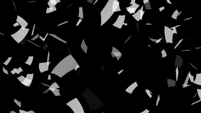 Concept of Wasted Life, Drowned in Paperwork with too much Work. Filled pages falling from above on black and green screen background.Flying White Paper in the Wind With Luma Matte.