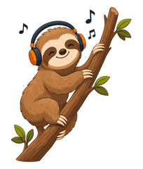 Fototapeta premium Cute sloth wearing headphones on tree branch cartoon vector