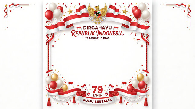 "DIRGAHAYU REPUBLIK INDONESIA" and "17 AGUSTUS 1945" with the Garuda Pancasila emblem above, and the number "79" prominently at the bottom flanked by ribbons and the text "TAHUN" and "MAJU BERSAMA."