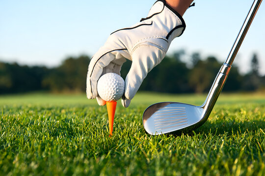 Close-up of hand in glove placing golf ball on orange tee Golf club and green grass on course