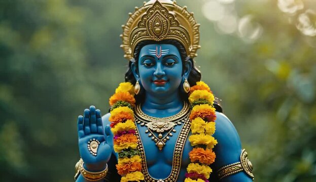 Hindu God Lord Krishna statue surrounded by traditional garlands. Hindu Puja. Vishu festival celebration. Ugadi, Gudi Padwa, Diwali or Krishna Janmashtami. See Less