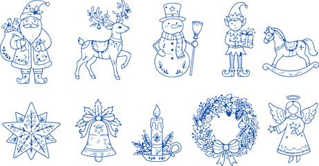 Obraz premium Ten christmas characters and symbols in blue line art including santa reindeer snowman elf horse star bell candle wreath angel.