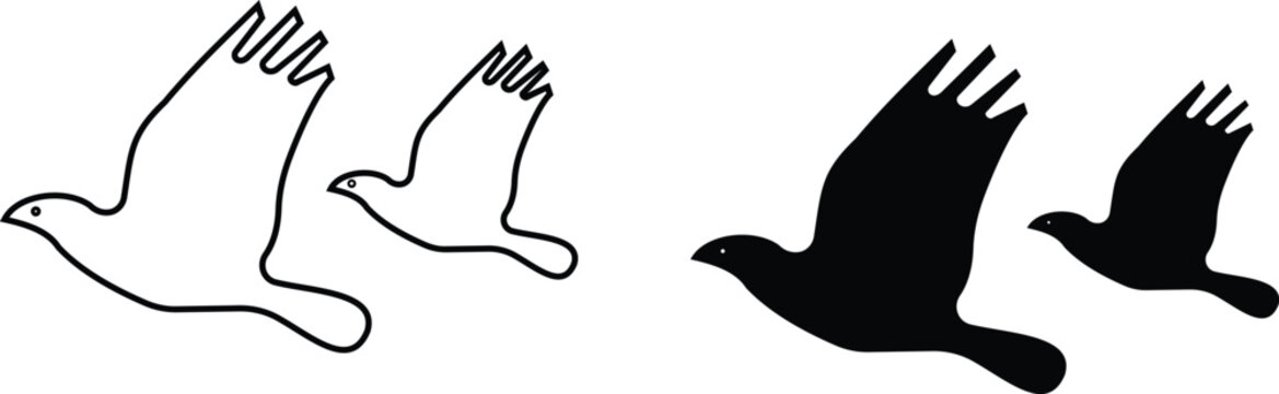 Flying bird icon set collection group, dove pigeon silhouette outline vector pack, wing spread flight animal symbol, flat and line style black icons isolated on transparent background